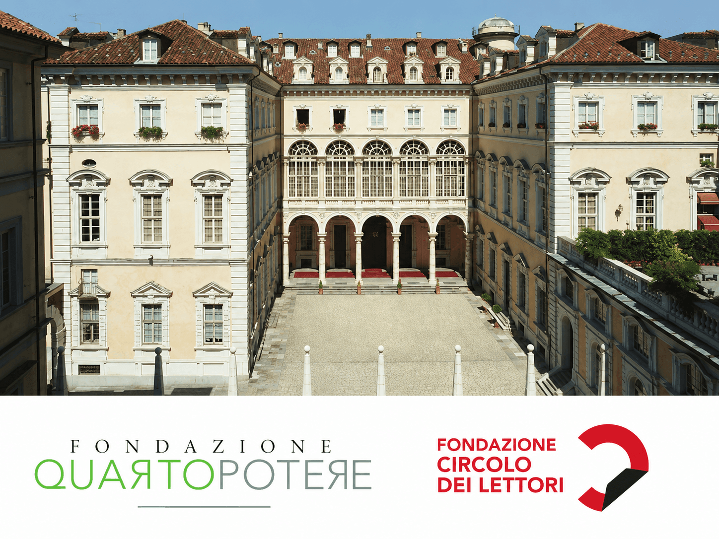 Palazzo Graneri, sede del Circolo dei Lettori, con i loghi della Fondazione Quarto Potere e della Fondazione Circolo dei Lettori