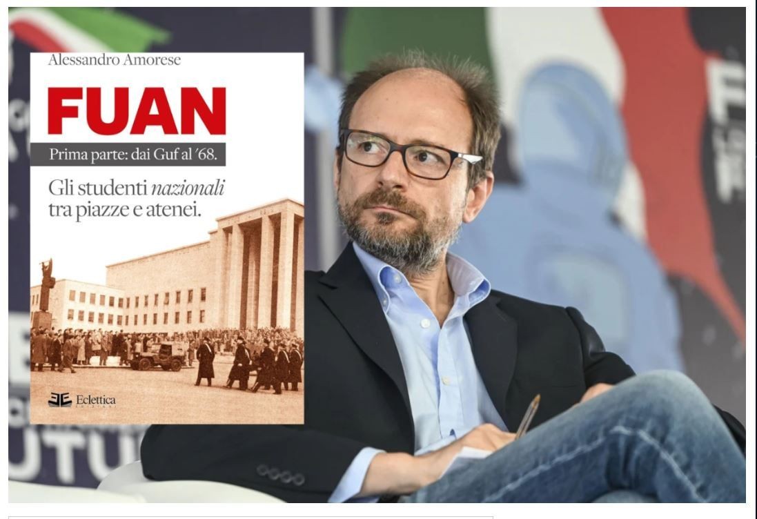 Alessandro Amorese con la copertina del libro FUAN. Gli studenti nazionali tra piazze e atenei